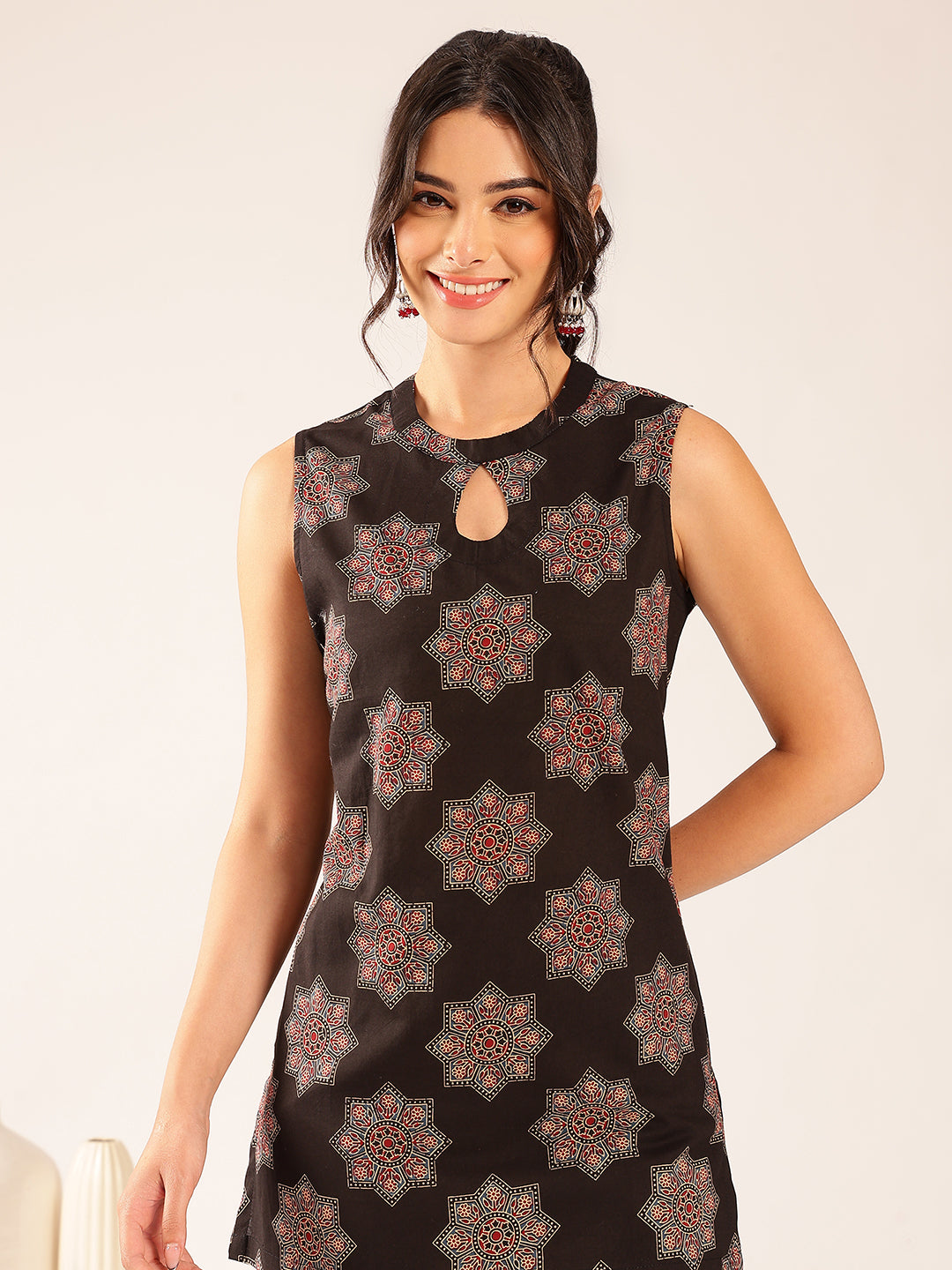 Black Floral Straight Cotton Stitched Co-Ord Set