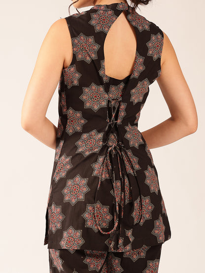 Black Floral Straight Cotton Stitched Co-Ord Set