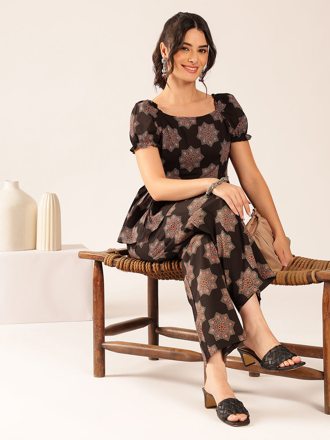 Black Floral Flared Cotton Stitched Co-Ord Set