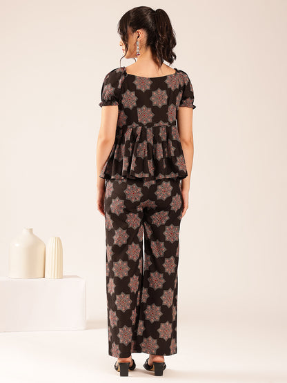 Black Floral Flared Cotton Stitched Co-Ord Set