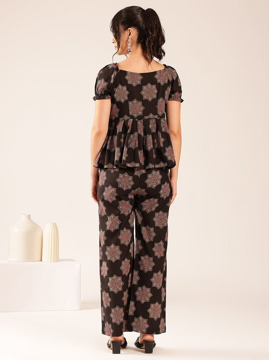 Black Floral Flared Cotton Stitched Co-Ord Set