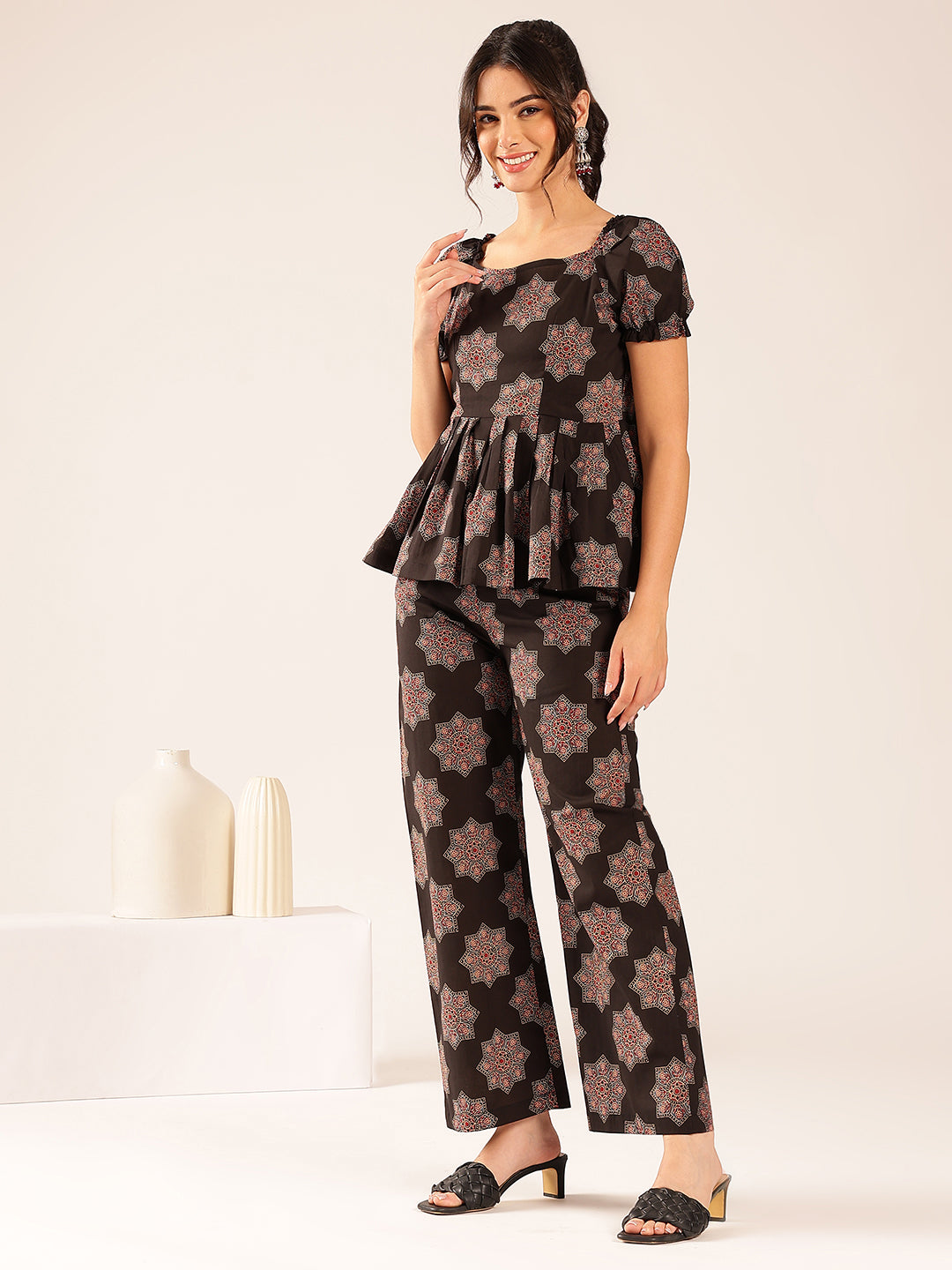 Black Floral Flared Cotton Stitched Co-Ord Set