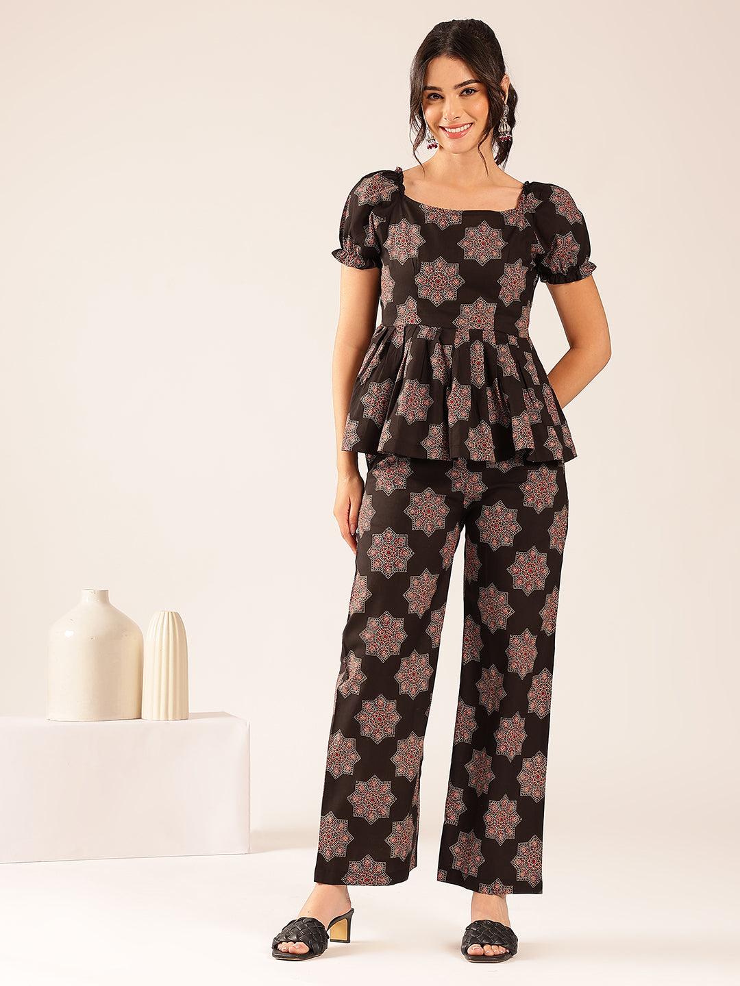 Black Floral Flared Cotton Stitched Co-Ord Set