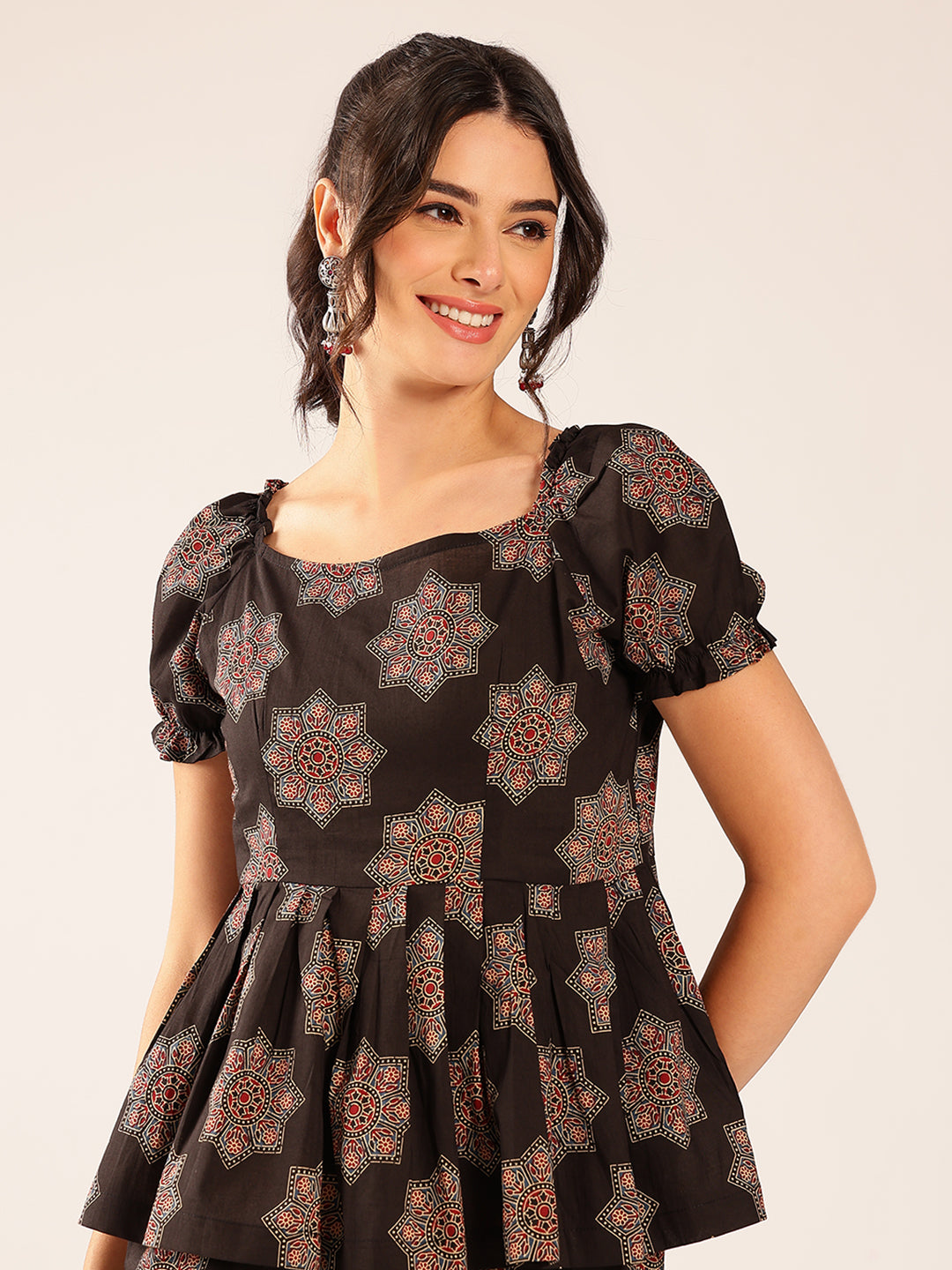 Black Floral Flared Cotton Stitched Co-Ord Set