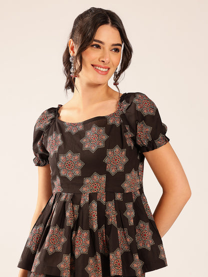 Black Floral Flared Cotton Stitched Co-Ord Set