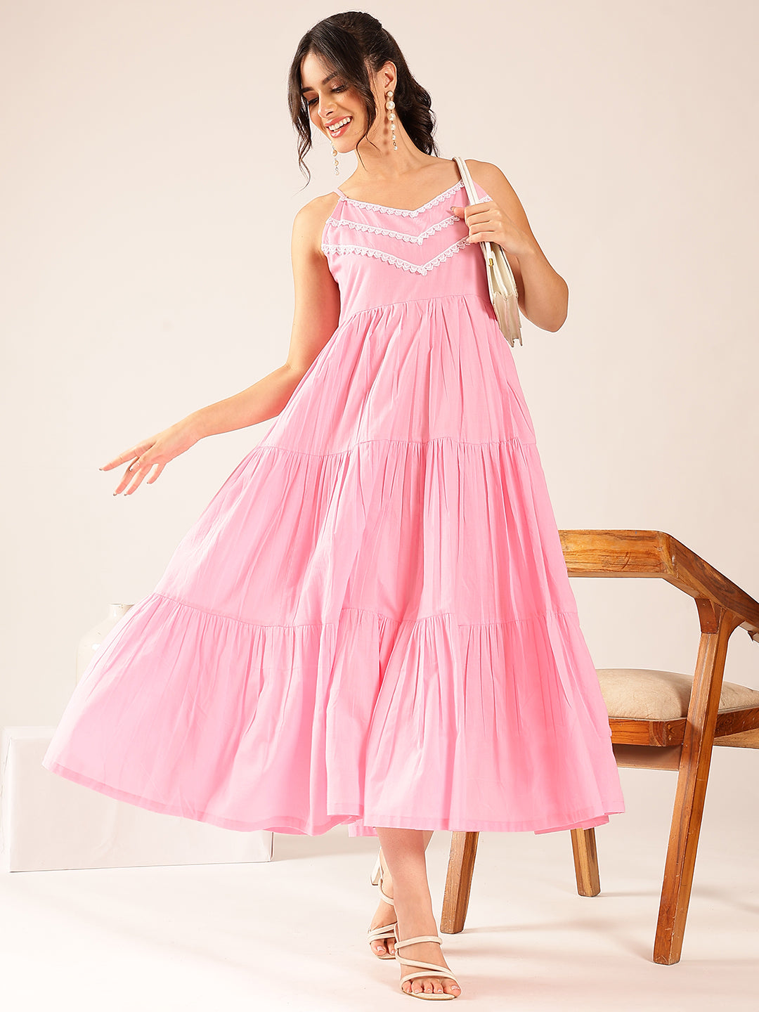 Light Pink Solid Flared Cotton Stitched Dress