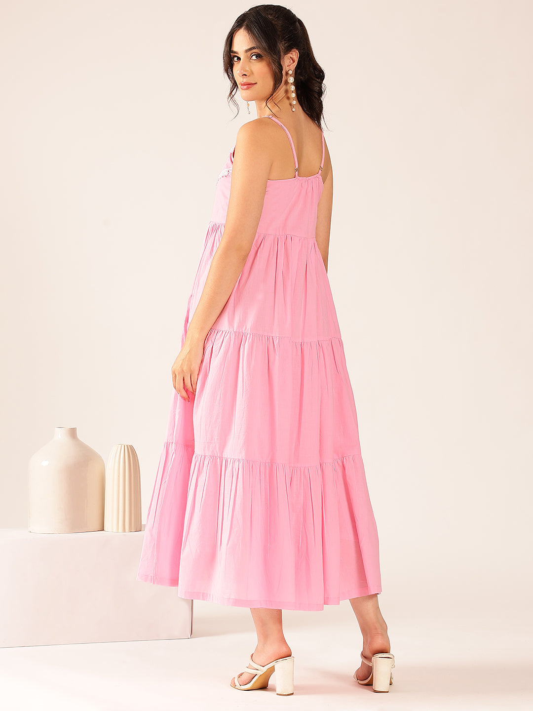 Light Pink Solid Flared Cotton Stitched Dress