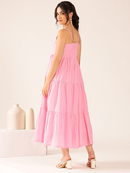 Light Pink Solid Flared Cotton Stitched Dress