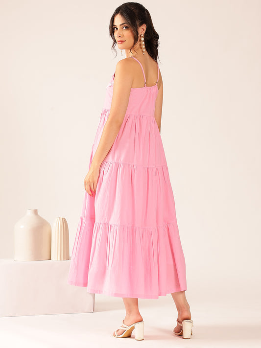 Light Pink Solid Flared Cotton Stitched Dress