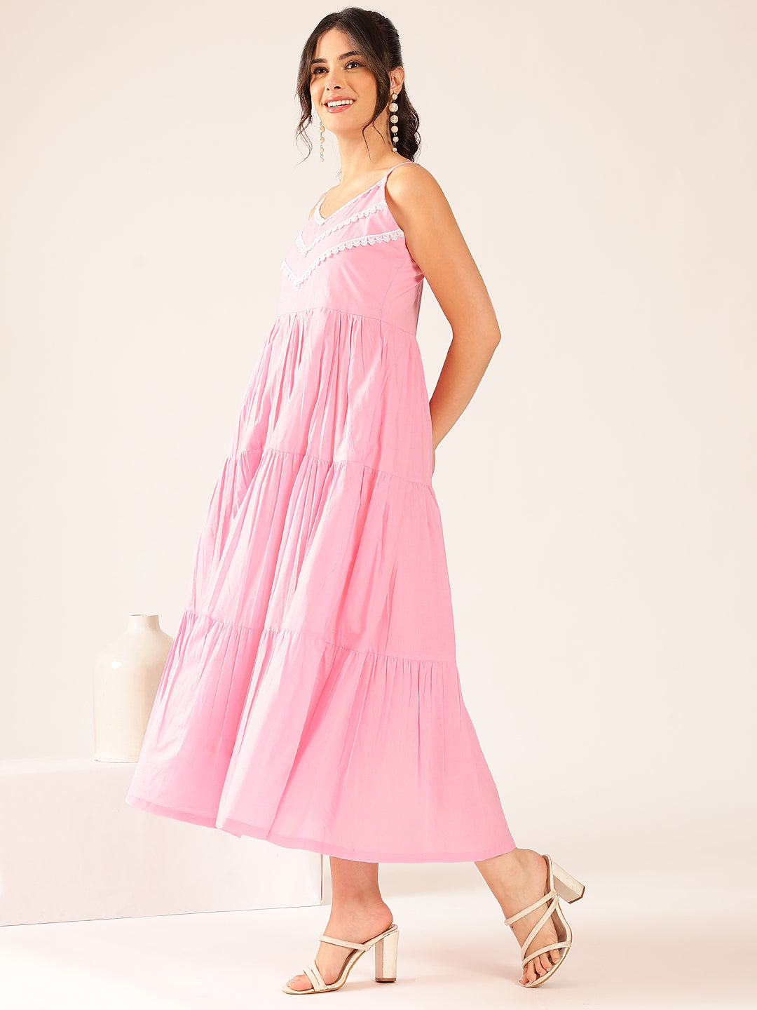 Light Pink Solid Flared Cotton Stitched Dress