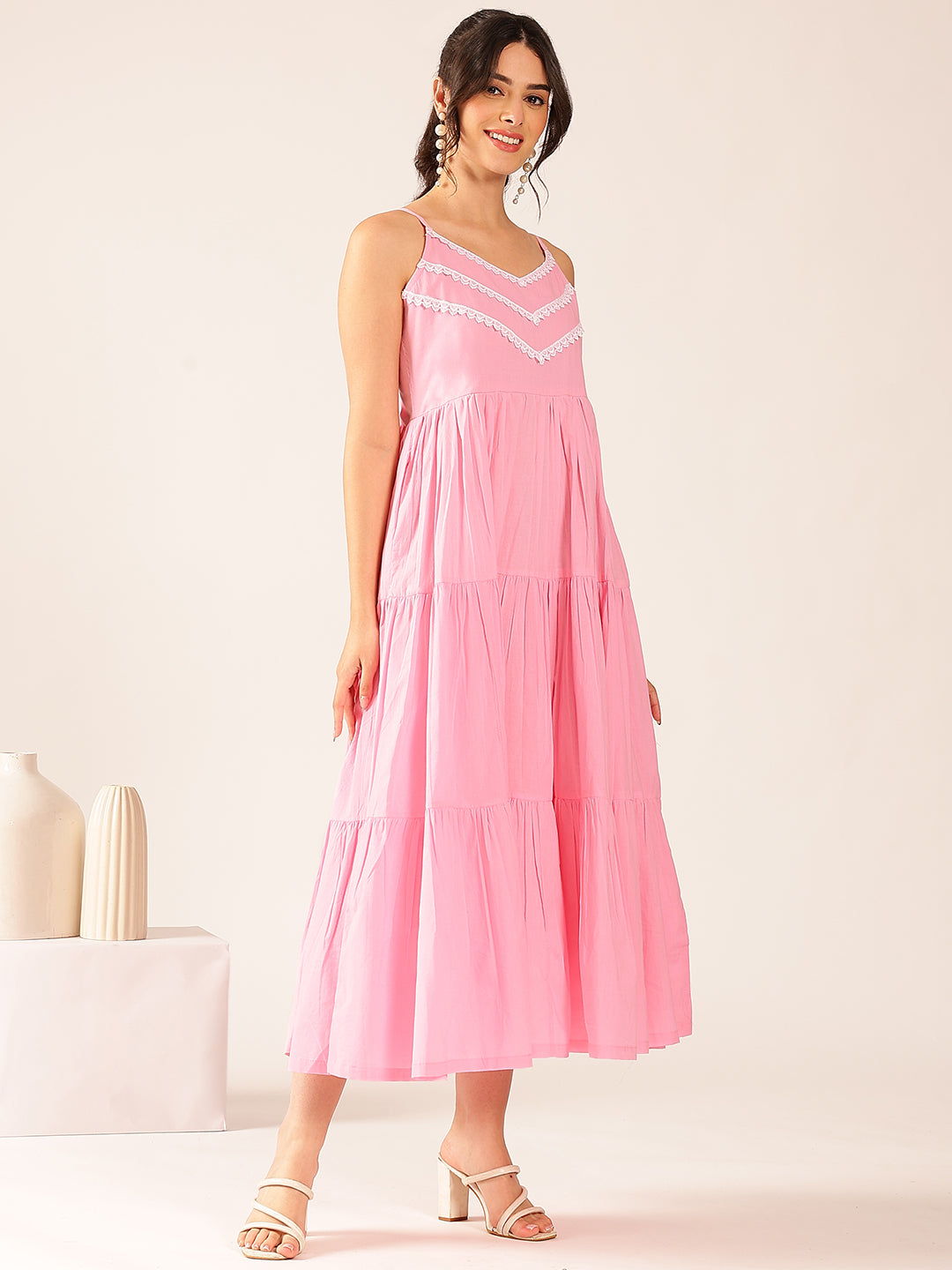 Light Pink Solid Flared Cotton Stitched Dress