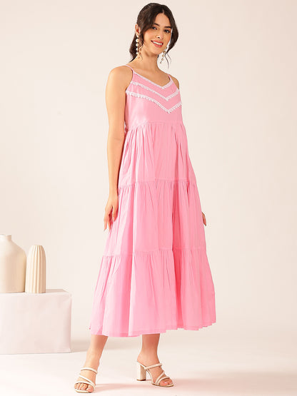 Light Pink Solid Flared Cotton Stitched Dress