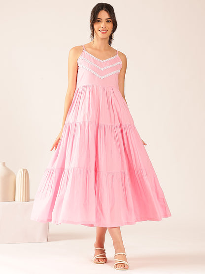 Light Pink Solid Flared Cotton Stitched Dress
