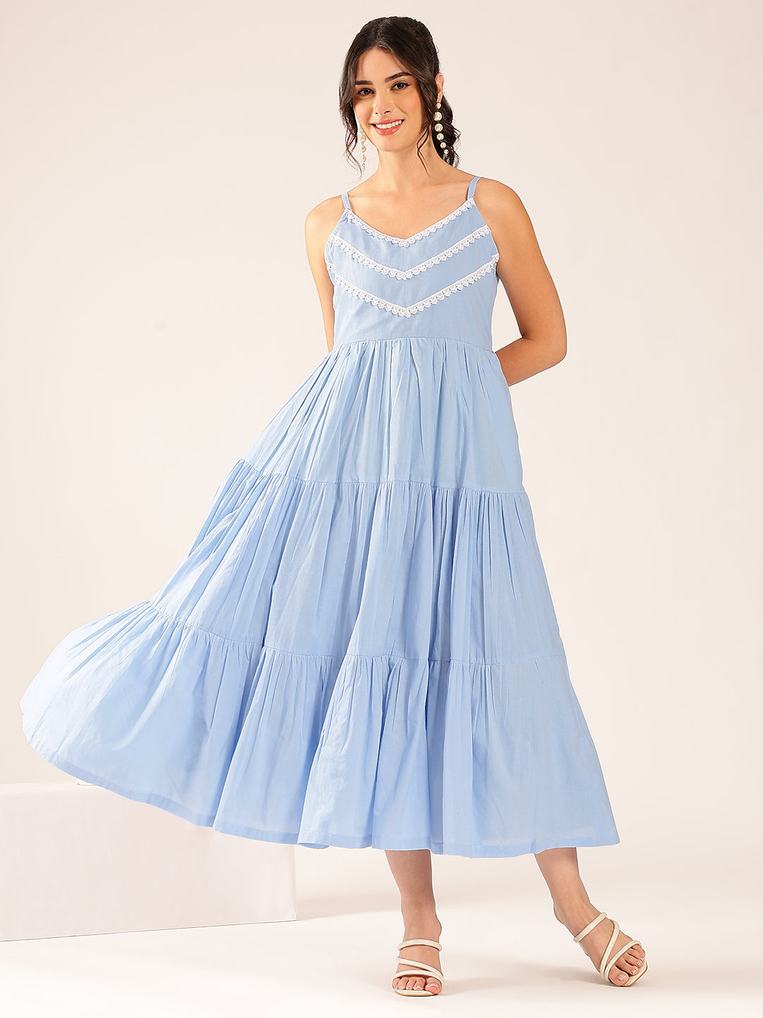 Sky Blue Solid Flared Cotton Stitched Dress