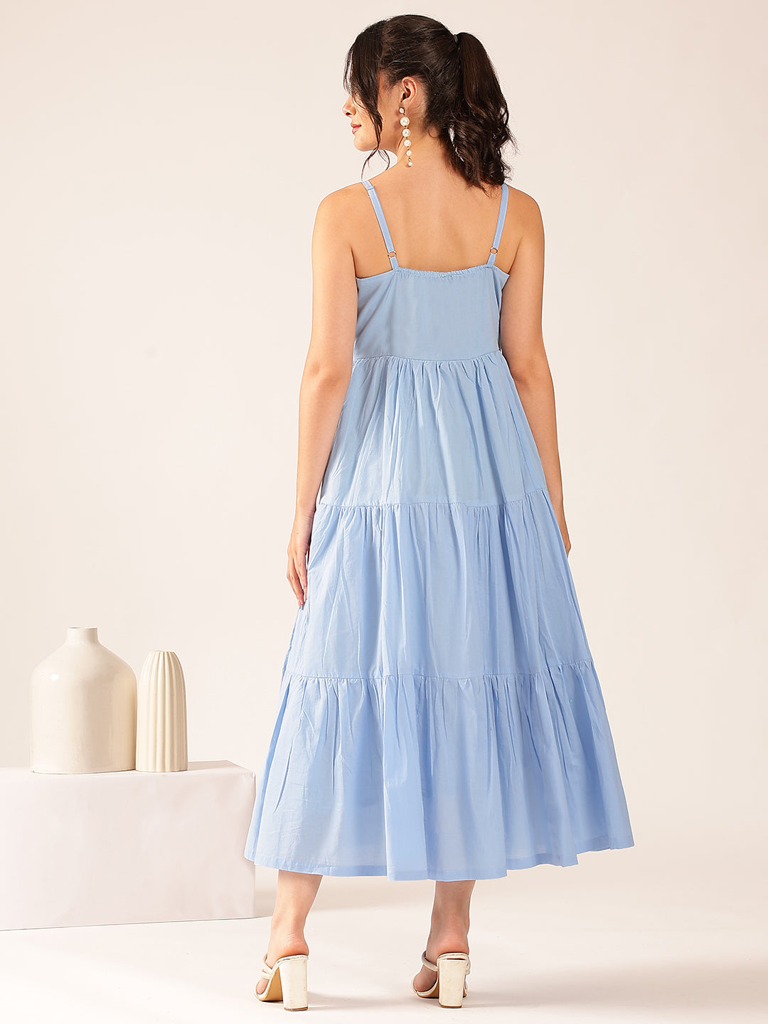 Sky Blue Solid Flared Cotton Stitched Dress
