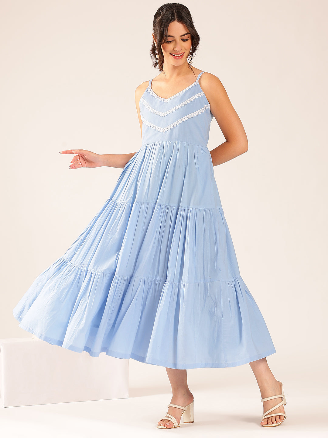 Sky Blue Solid Flared Cotton Stitched Dress
