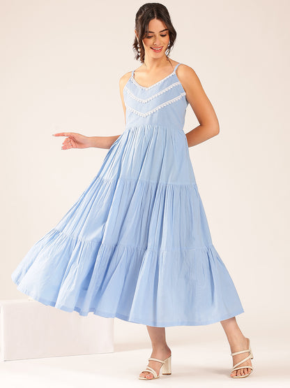 Sky Blue Solid Flared Cotton Stitched Dress