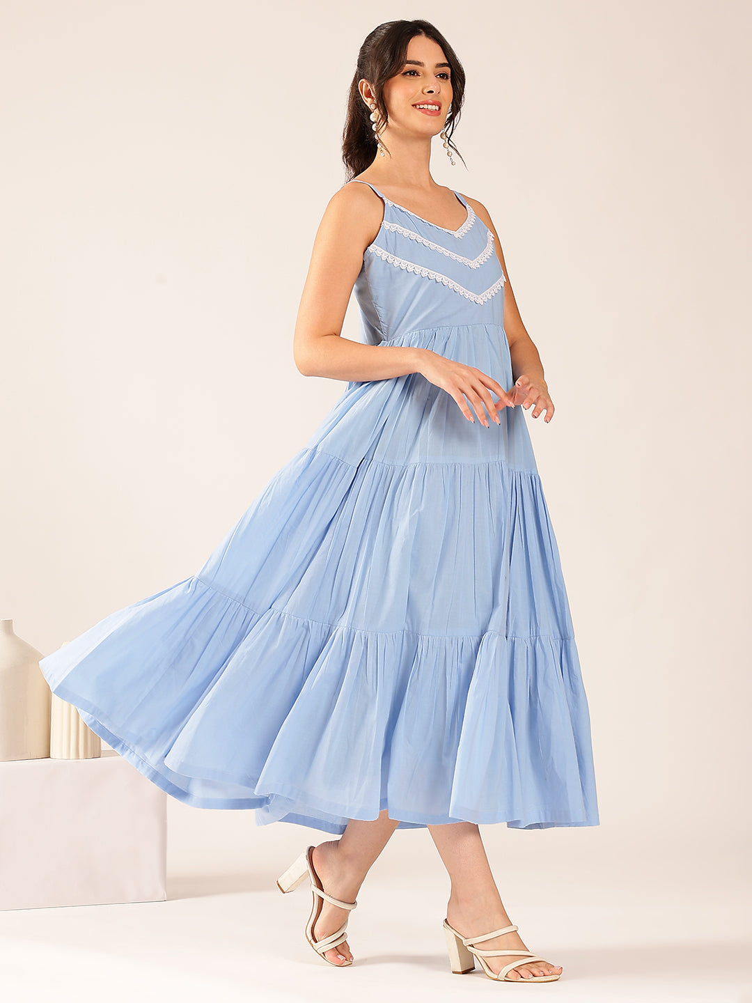 Sky Blue Solid Flared Cotton Stitched Dress