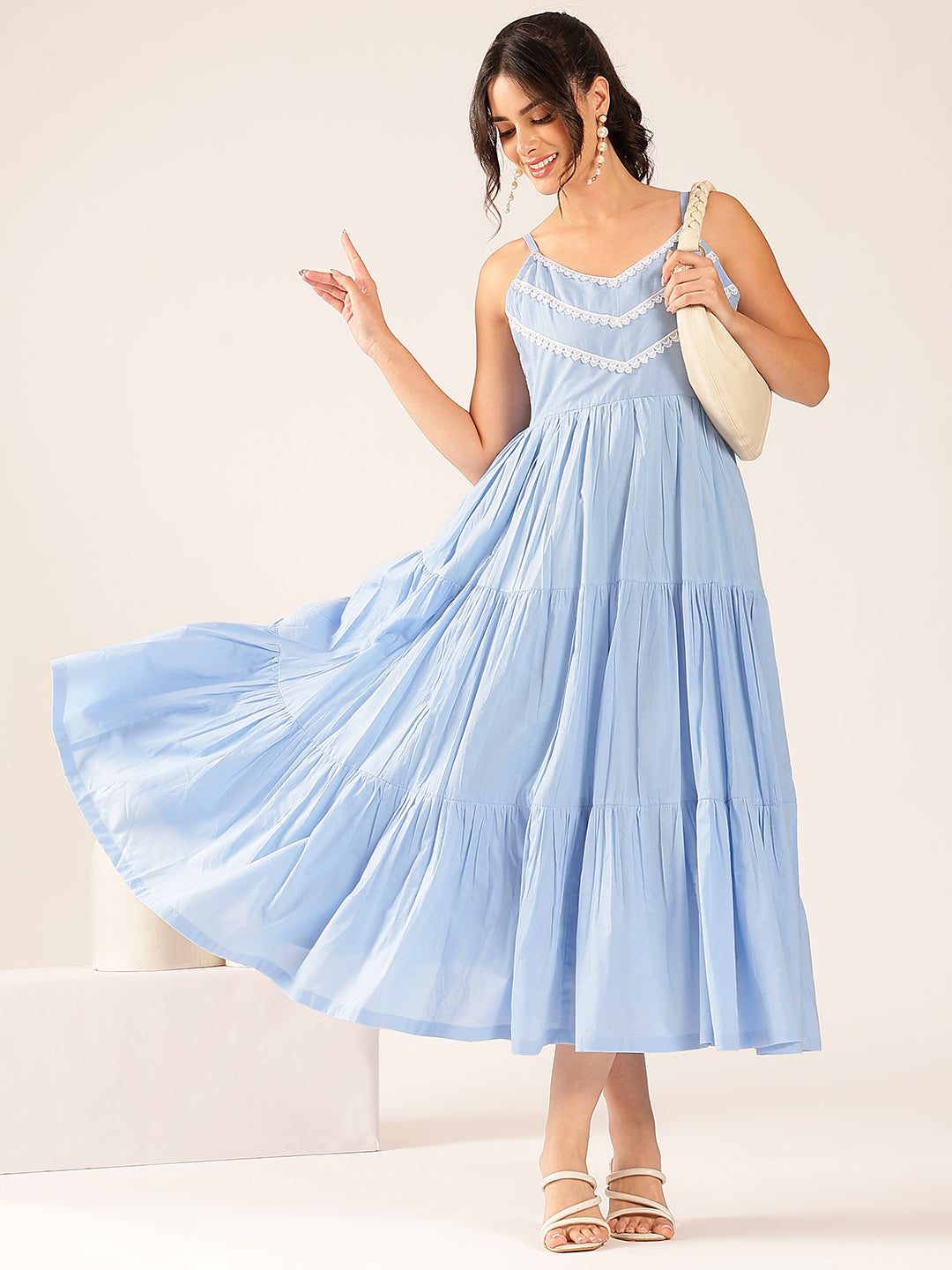 Sky Blue Solid Flared Cotton Stitched Dress