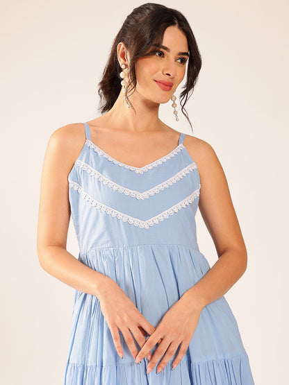 Sky Blue Solid Flared Cotton Stitched Dress