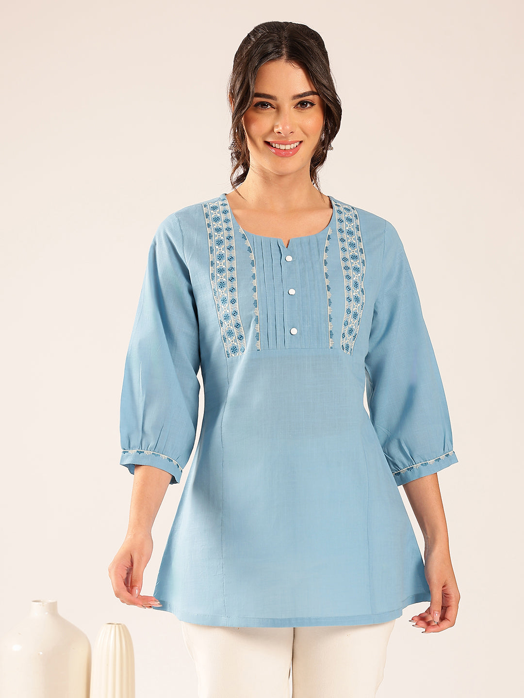 Sky Blue Yoke Design A-Line Cotton Stitched Top
