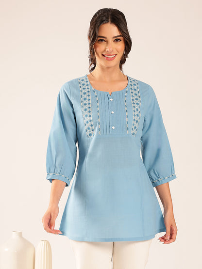 Sky Blue Yoke Design A-Line Cotton Stitched Top