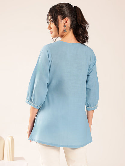 Sky Blue Yoke Design A-Line Cotton Stitched Top