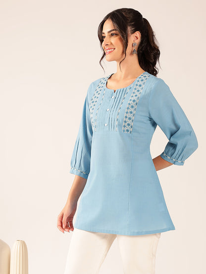 Sky Blue Yoke Design A-Line Cotton Stitched Top