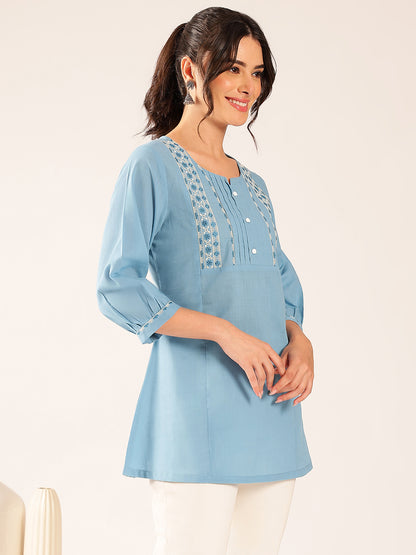 Sky Blue Yoke Design A-Line Cotton Stitched Top