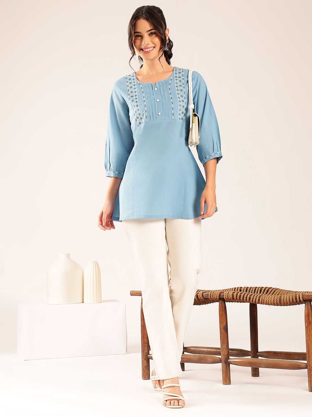 Sky Blue Yoke Design A-Line Cotton Stitched Top
