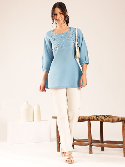 Sky Blue Yoke Design A-Line Cotton Stitched Top