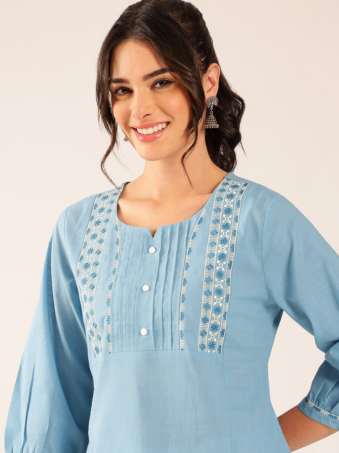 Sky Blue Yoke Design A-Line Cotton Stitched Top