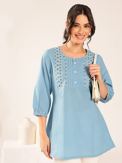 Sky Blue Yoke Design A-Line Cotton Stitched Top