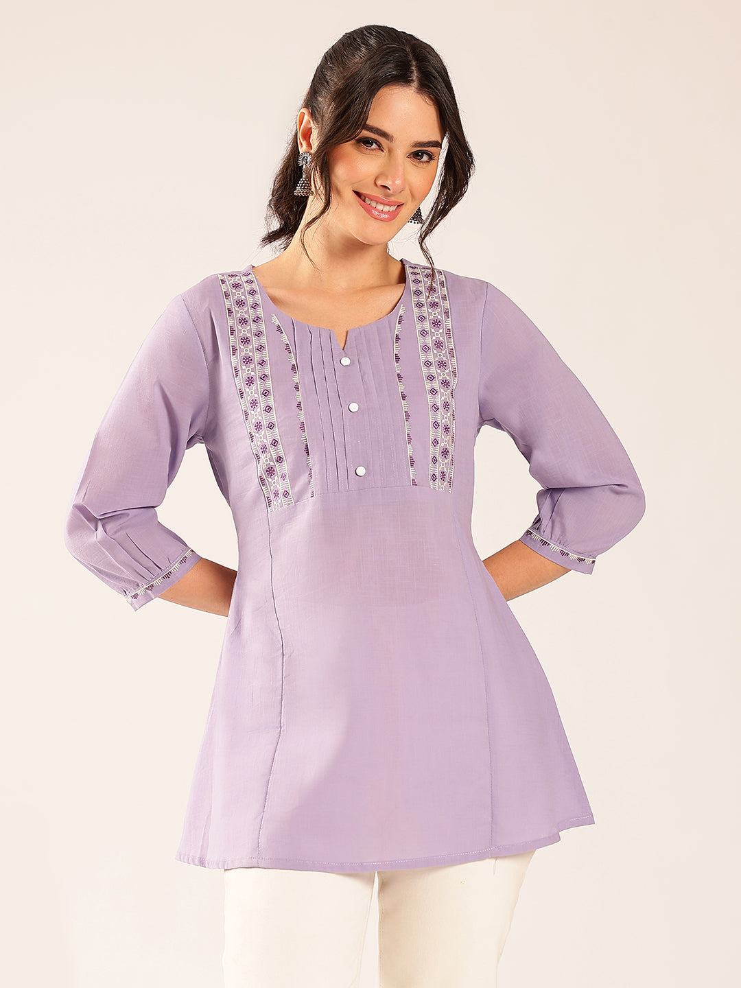 Lavender Yoke Design A-Line Cotton Stitched Top