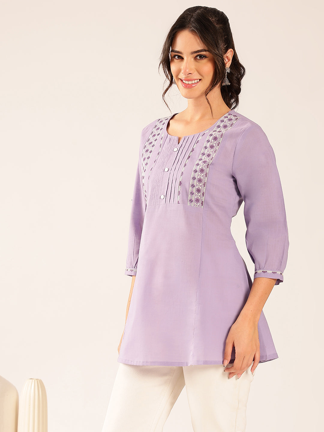 Lavender Yoke Design A-Line Cotton Stitched Top