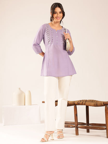 Lavender Yoke Design A-Line Cotton Stitched Top