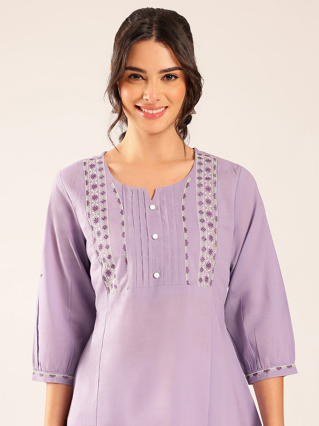 Lavender Yoke Design A-Line Cotton Stitched Top