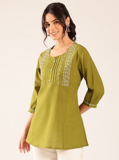 Mahendi Yoke Design A-Line Cotton Stitched Top