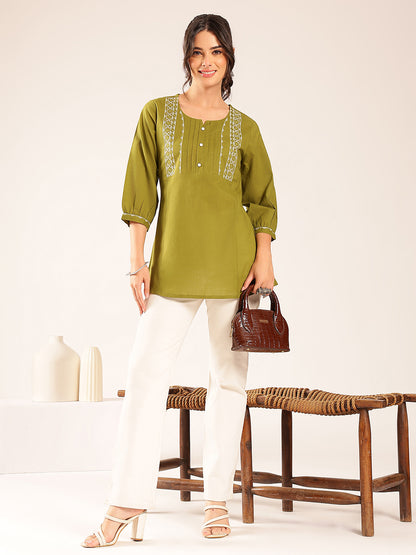 Mahendi Yoke Design A-Line Cotton Stitched Top