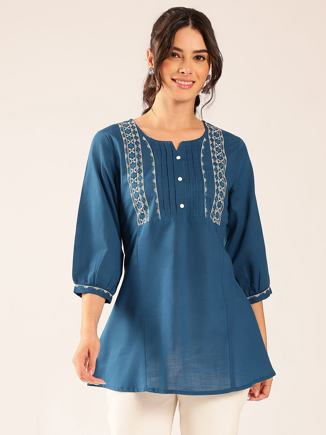 Blue Yoke Design A-Line Cotton Stitched Top