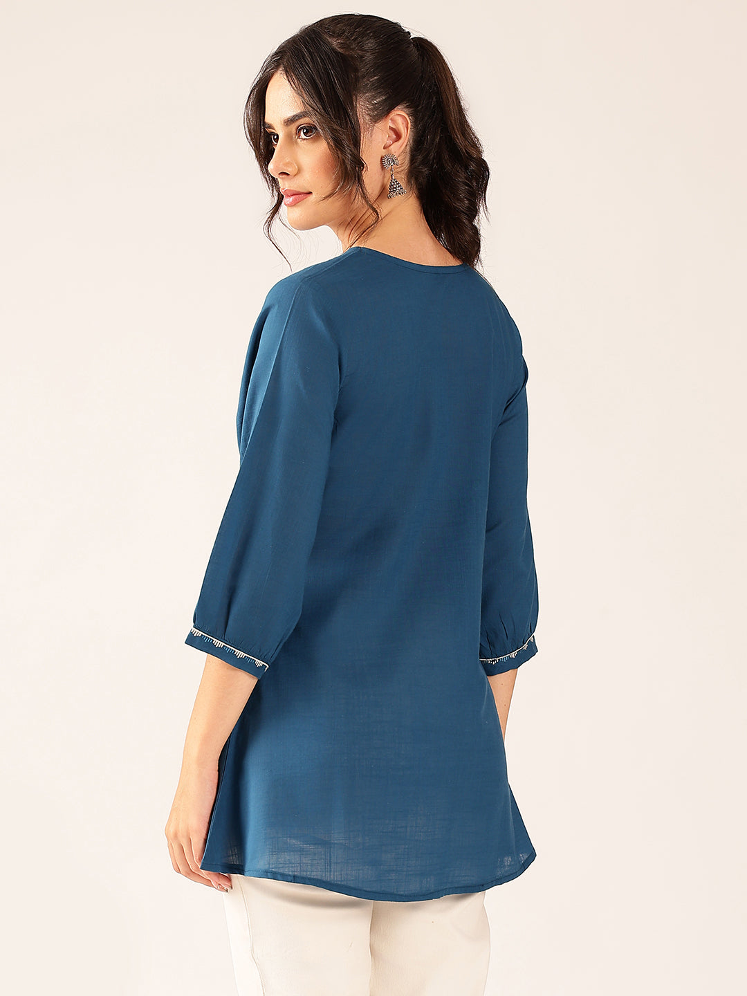 Blue Yoke Design A-Line Cotton Stitched Top