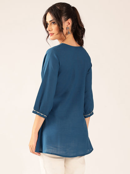 Blue Yoke Design A-Line Cotton Stitched Top