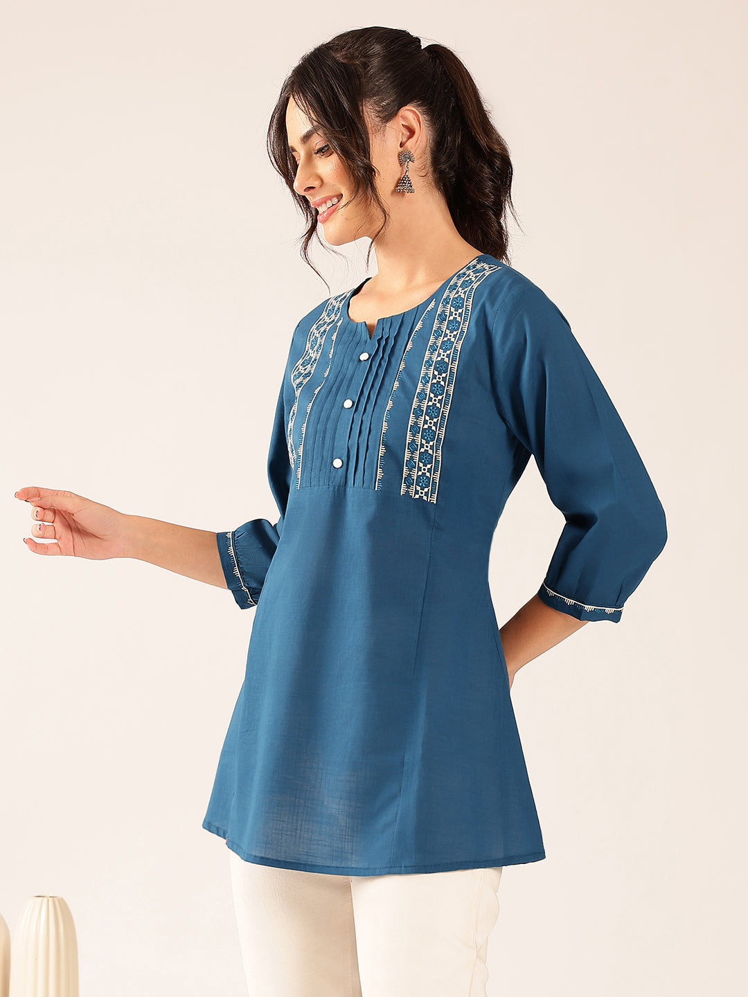 Blue Yoke Design A-Line Cotton Stitched Top
