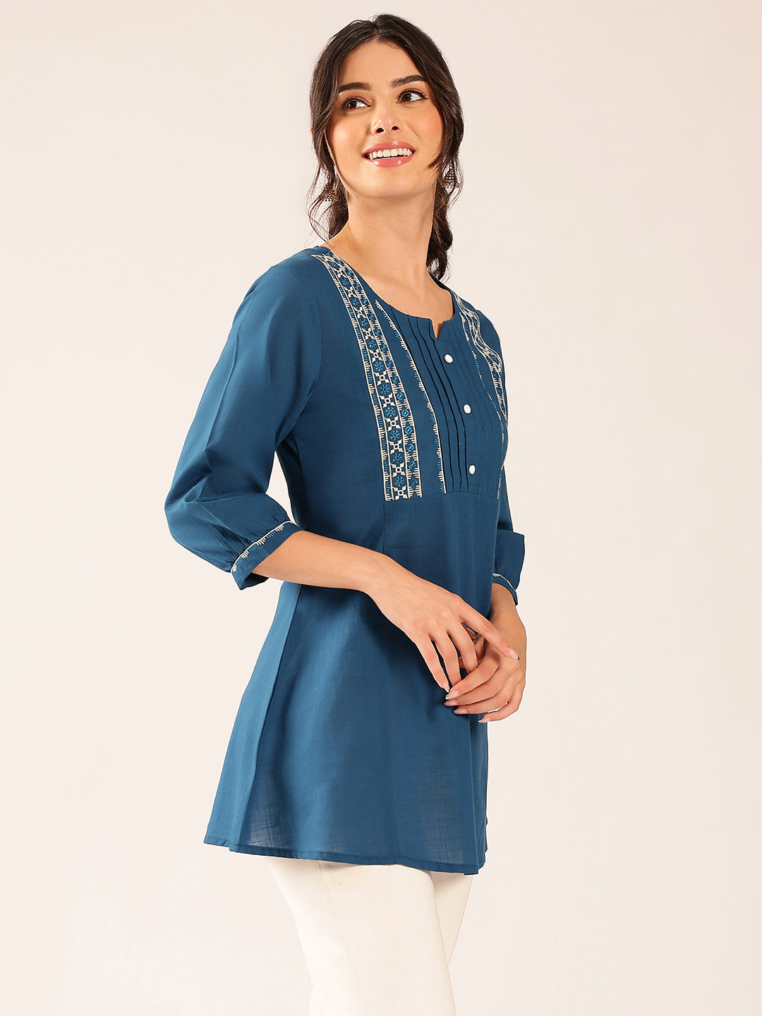 Blue Yoke Design A-Line Cotton Stitched Top