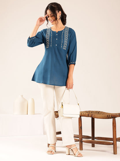 Blue Yoke Design A-Line Cotton Stitched Top