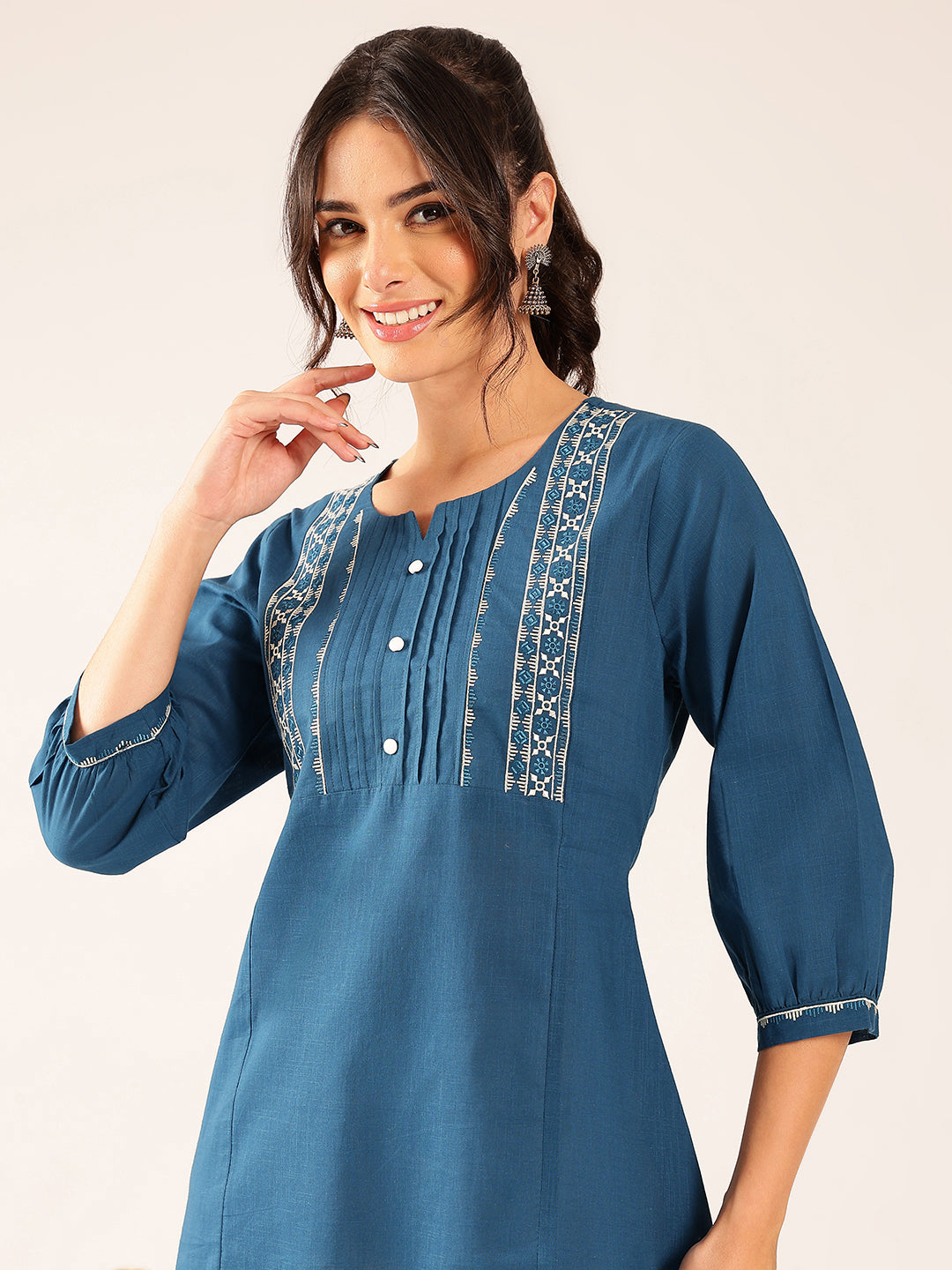 Blue Yoke Design A-Line Cotton Stitched Top