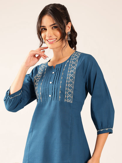 Blue Yoke Design A-Line Cotton Stitched Top