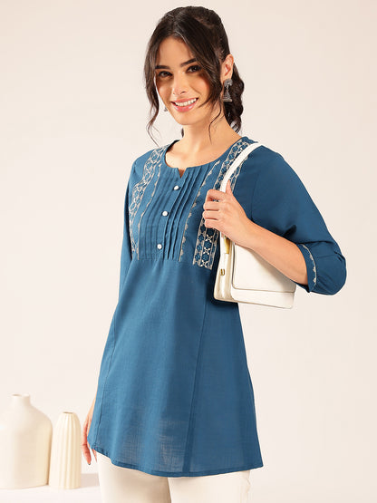 Blue Yoke Design A-Line Cotton Stitched Top