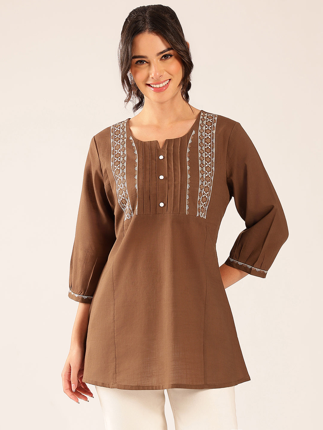 Brown Yoke Design A-Line Cotton Stitched Top