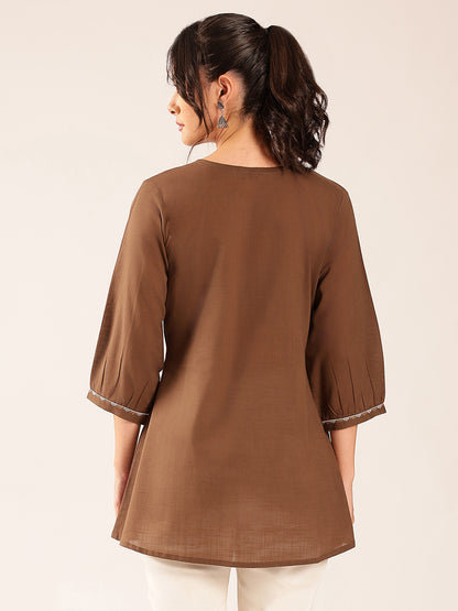 Brown Yoke Design A-Line Cotton Stitched Top